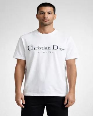 Christian Dior Couture logo designer men's white t-shirt front view worn by male model straight pose luxury fashion