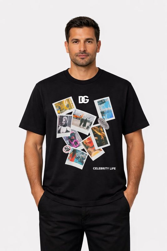designer streetwear outfit men wearing black luxury graphic designer t shirt studio model pose