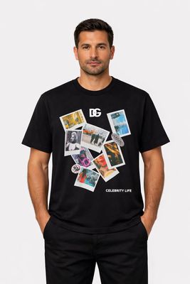 designer streetwear outfit men wearing black luxury graphic designer t shirt studio model pose