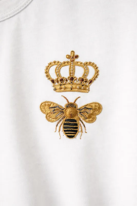 Dolce Gabbana crown and bee embroidery logo detail on white luxury designer t shirt