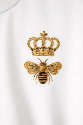 Dolce Gabbana crown and bee embroidery logo detail on white luxury designer t shirt