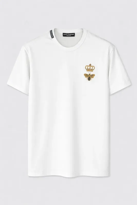 Dolce Gabbana white luxury designer t shirt with crown and bee embroidery logo