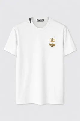 Dolce Gabbana white luxury designer t shirt with crown and bee embroidery logo