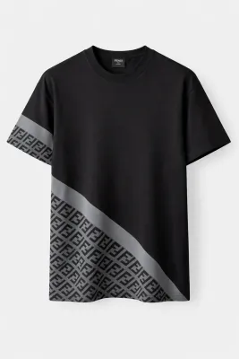 Fendi black mens designer t shirt diagonal monogram pattern luxury short sleeve premium cotton