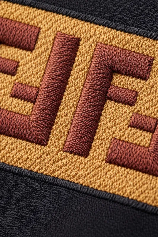 Close-up of Fendi embroidered FF logo detail on black luxury designer t-shirt fabric