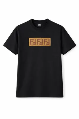 Fendi black mens t shirt with embroidered FF logo premium cotton designer tees men