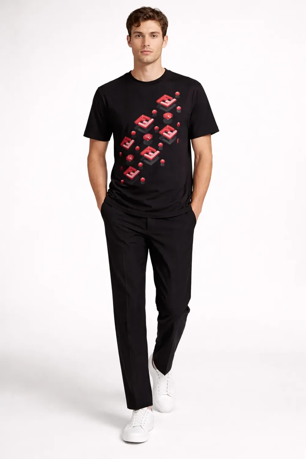 Fendi black men’s t shirt with 3D FF print logo red graphic designer luxury tee on model