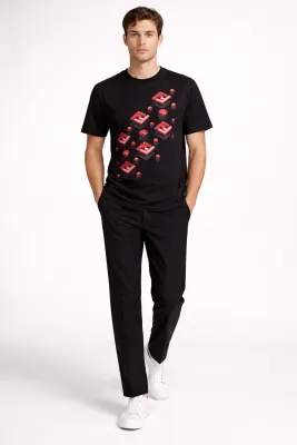 Fendi black men’s t shirt with 3D FF print logo red graphic designer luxury tee on model