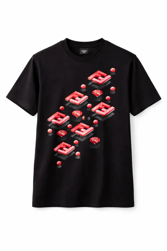 Fendi black men’s t shirt with 3D FF print logo red graphic luxury designer cotton tee