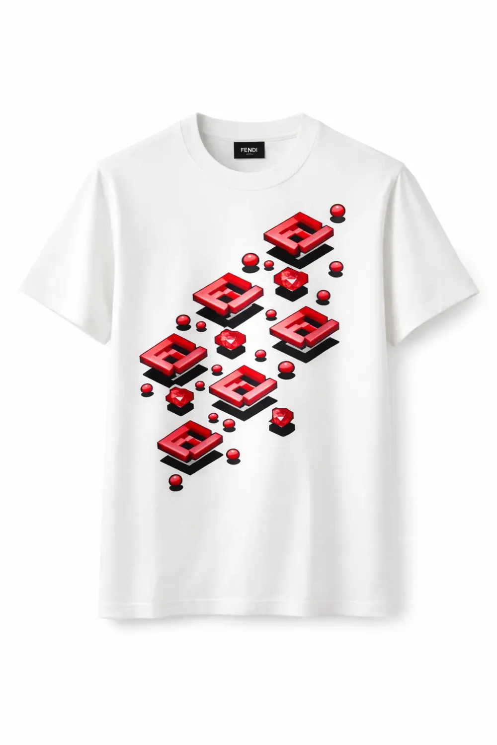 Fendi white men’s t shirt with 3D FF print logo red graphic luxury designer cotton tee