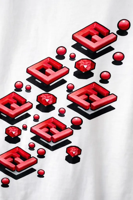 Fendi FF 3D logo print close up on white men’s designer t shirt luxury cotton detail