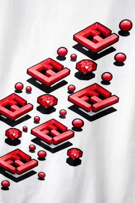 Fendi FF 3D logo print close up on white men’s designer t shirt luxury cotton detail