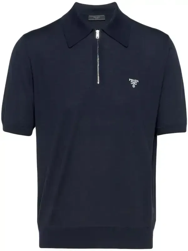 prada navy blue zip knitted polo shirt men luxury designer short sleeve knitwear top