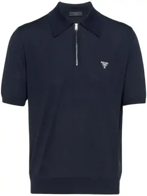 prada navy blue zip knitted polo shirt men luxury designer short sleeve knitwear top