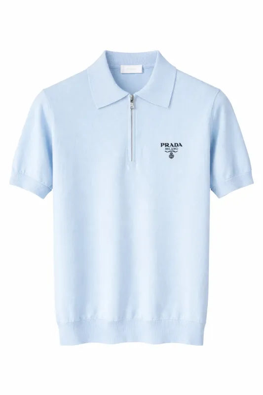 prada light blue zip knitted polo shirt men luxury designer short sleeve knitwear top