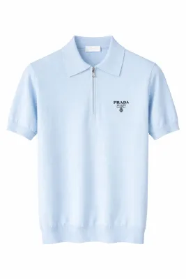 prada light blue zip knitted polo shirt men luxury designer short sleeve knitwear top