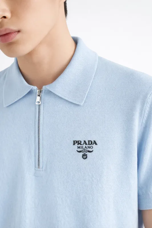 prada light blue zip knitted polo shirt logo embroidered milano detail luxury designer mens knitwear