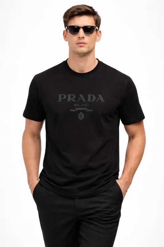 Prada black t shirt men model front view with Milano logo designer outfit