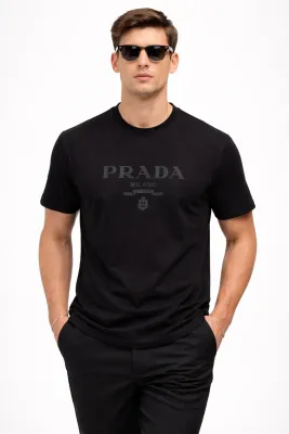 Prada black t shirt men model front view with Milano logo designer outfit