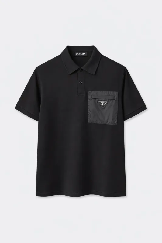 Prada black polo shirt men with nylon pocket and triangle logo detail front view