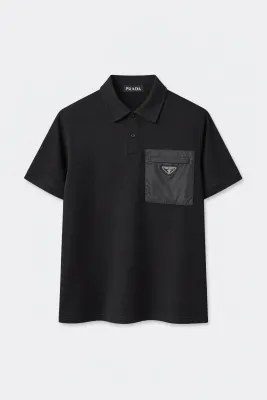Prada black polo shirt men with nylon pocket and triangle logo detail front view