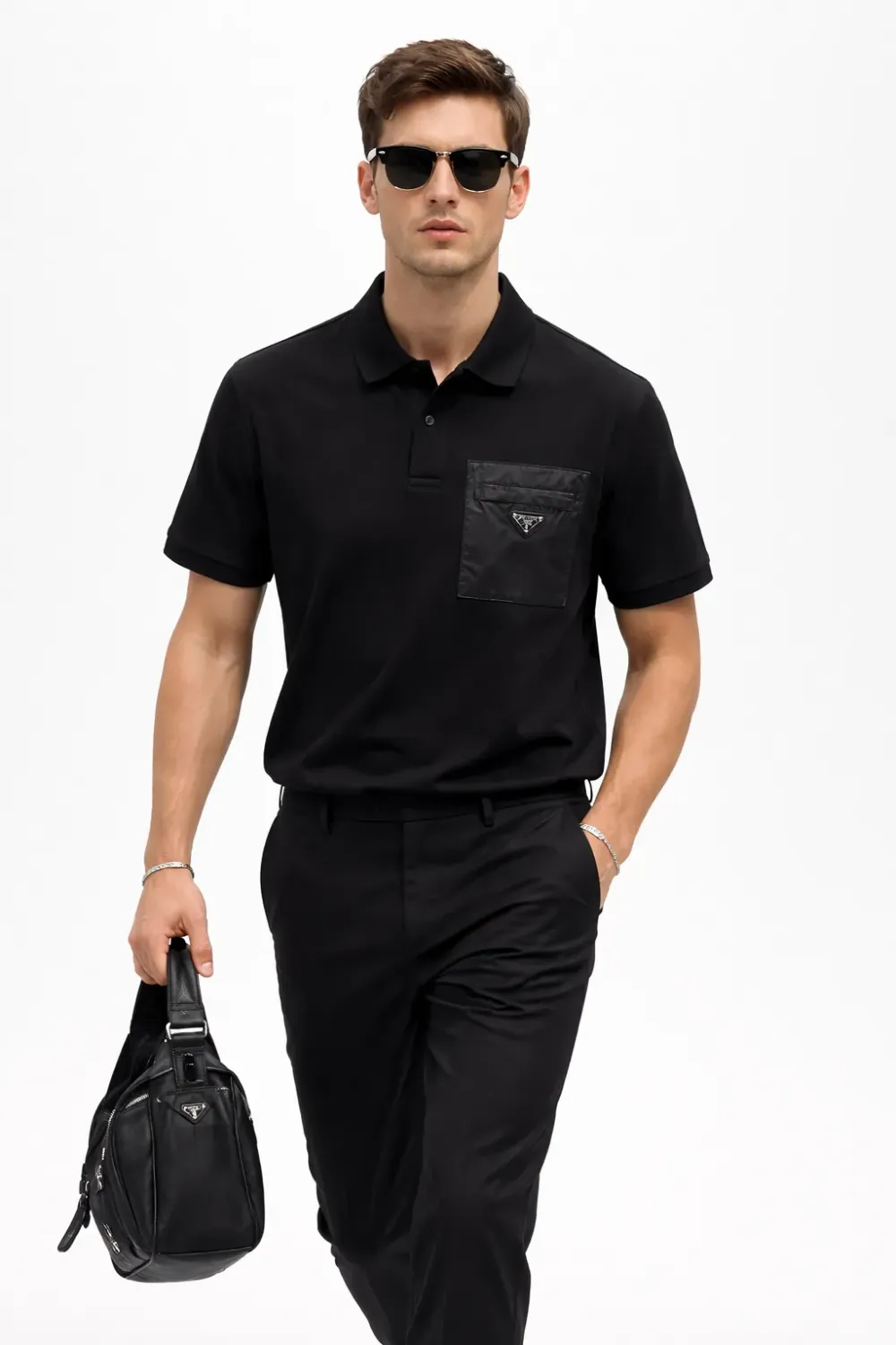 Prada black polo shirt men walking pose with nylon pocket logo designer outfit