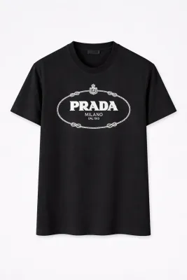 Prada black t shirt men with oval Milano 1913 logo print designer cotton tee