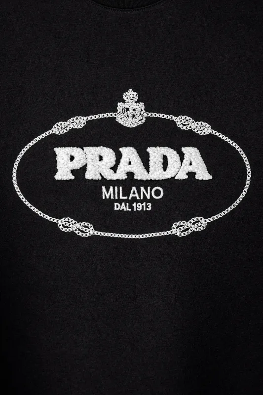 Prada black embossed oval logo t shirt Milano 1913 detail designer cotton close up designer tee mens