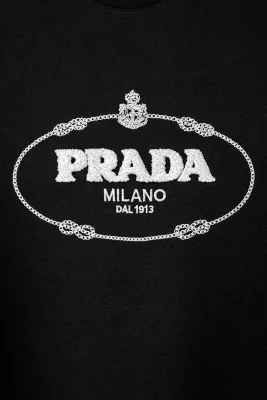 Prada black embossed oval logo t shirt Milano 1913 detail designer cotton close up designer tee mens