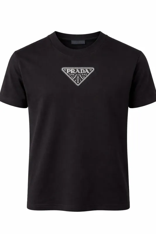 Prada black tshirt men with crystal triangle logo detail designer crew neck luxury tee