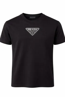 Prada black tshirt men with crystal triangle logo detail designer crew neck luxury tee