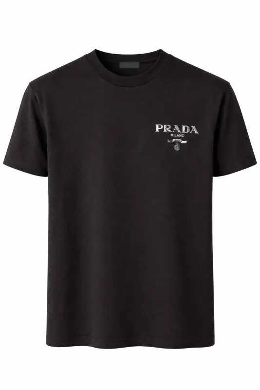 Prada black tshirt men with Milano logo designer crew neck luxury tee shirt