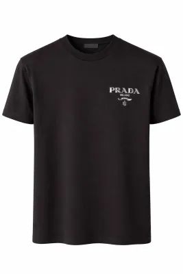 Prada black tshirt men with Milano logo designer crew neck luxury tee shirt