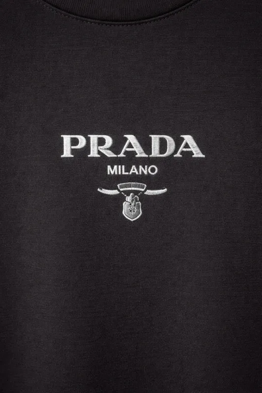 Prada black tshirt men Milano logo close up designer crew neck luxury cotton tee