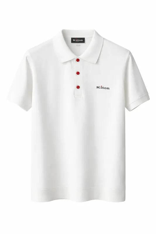 Kiton Napoli knit white polo shirt for men with red button detail