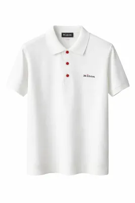 Kiton Napoli knit white polo shirt for men with red button detail