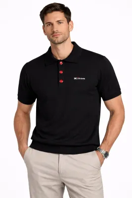 Kiton black knit polo shirt for men model straight pose with red signature buttons