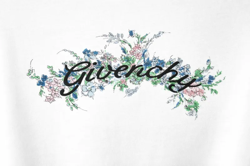 Close-up detail of Givenchy white floral logo designer t-shirt for men