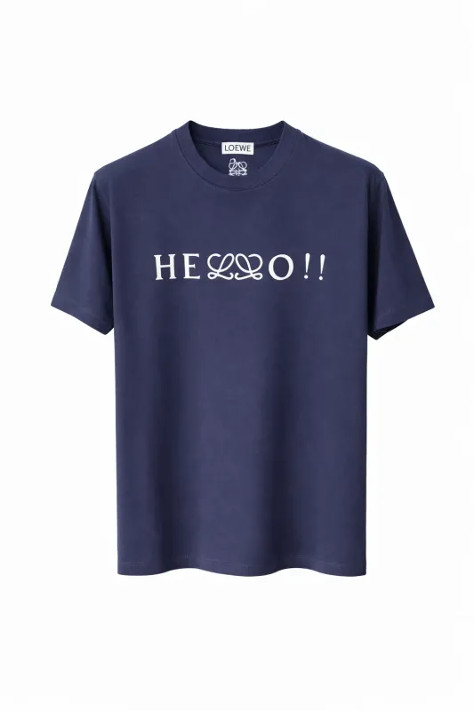 Loewe navy blue men’s t-shirt with white hello print front view