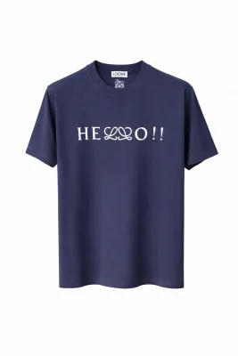 Loewe navy blue men’s t-shirt with white hello print front view