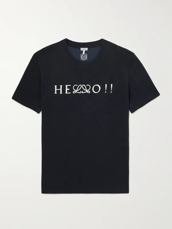 Loewe black men’s t-shirt with white hello print front view