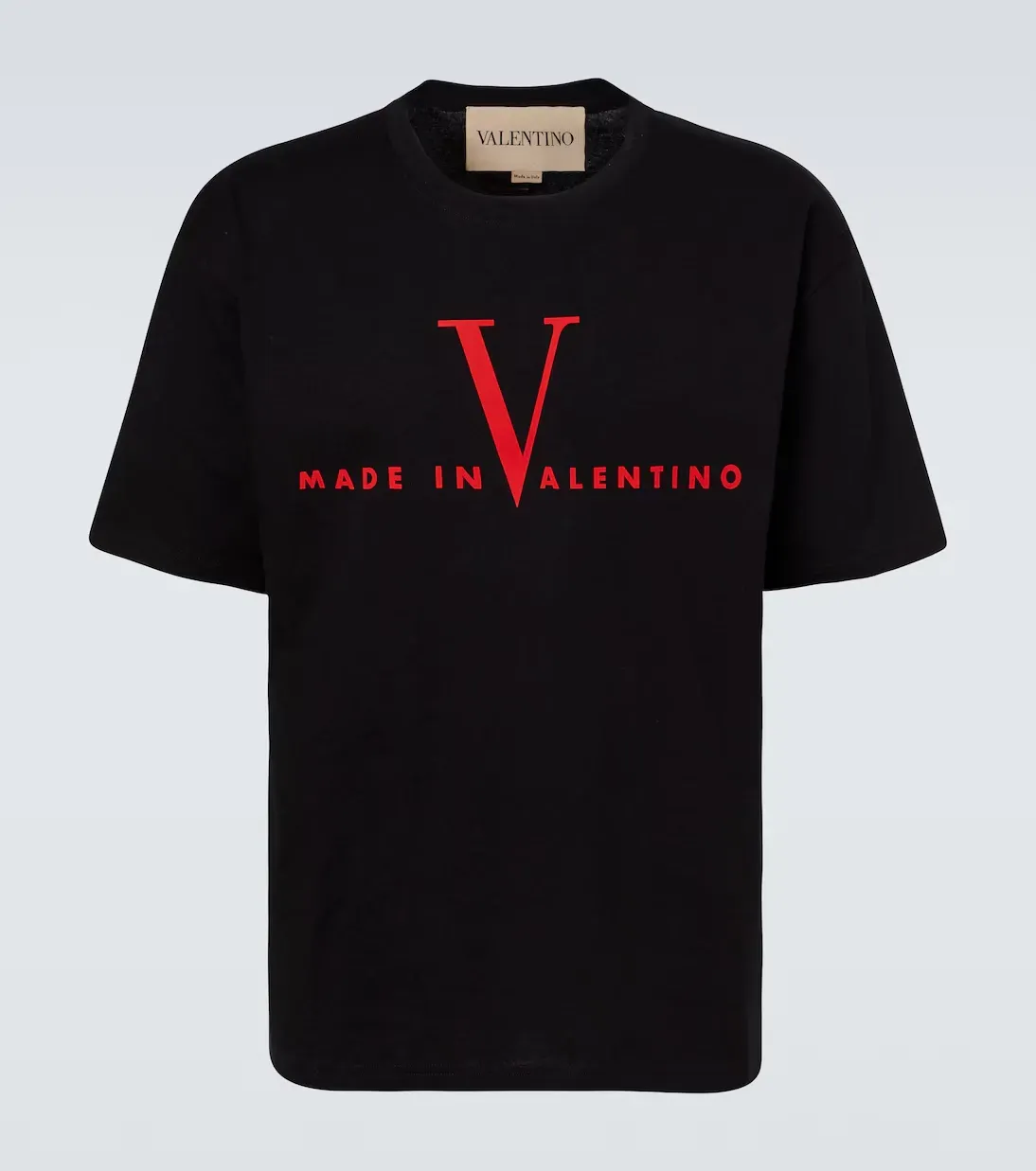Valentino black men t shirt with red V logo front catalog view