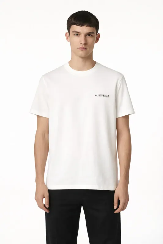 Valentino white minimal logo t shirt men model straight pose front view