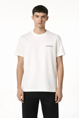 Valentino white minimal logo t shirt men model straight pose front view