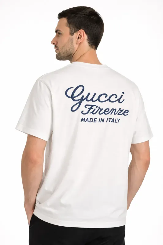 Gucci embroidered logo white tee mens side back profile model rear fit view