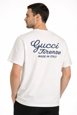 Gucci embroidered logo white tee mens side back profile model rear fit view