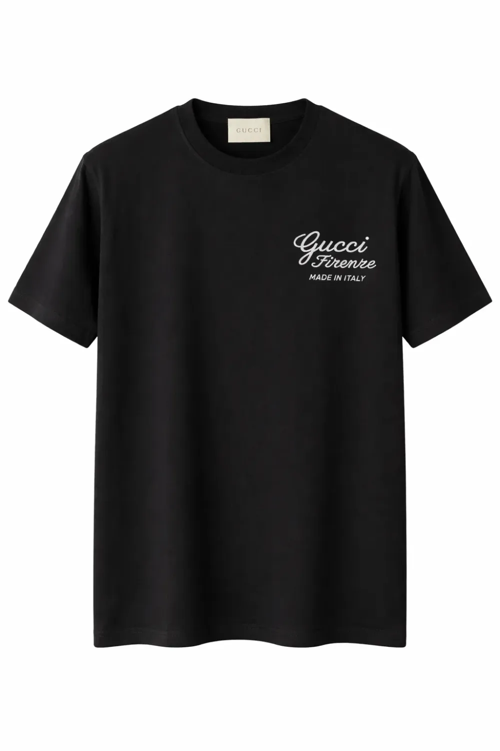 Gucci embroidered logo black tee mens front catalog clean studio view