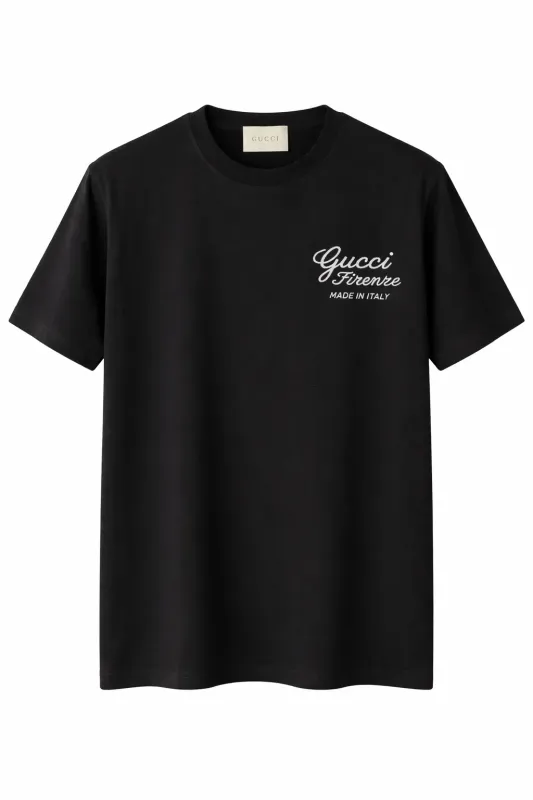 Gucci embroidered logo black tee mens front catalog clean studio view