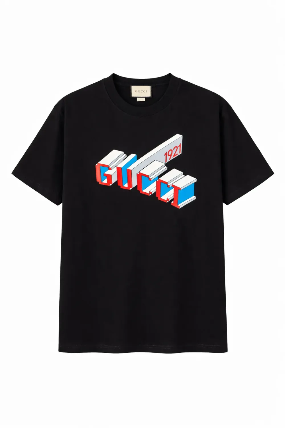 Gucci graphic logo black tee men front catalog clean studio product view