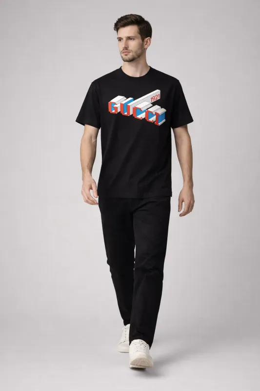 Gucci graphic logo black tee men walking pose full body model view